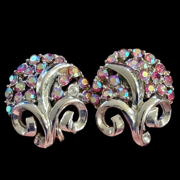 VTG Coro Silver Tone Clip On Earrings Pink AB Stones Aurora Borealis Mod 1960s - Picture 4 of 14